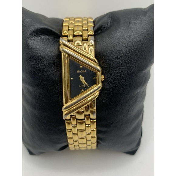 Vintage Elgin Trapezoid Asymmetrical Face Black Dial Gold Tone Bracelet Watch - Picture 1 of 9